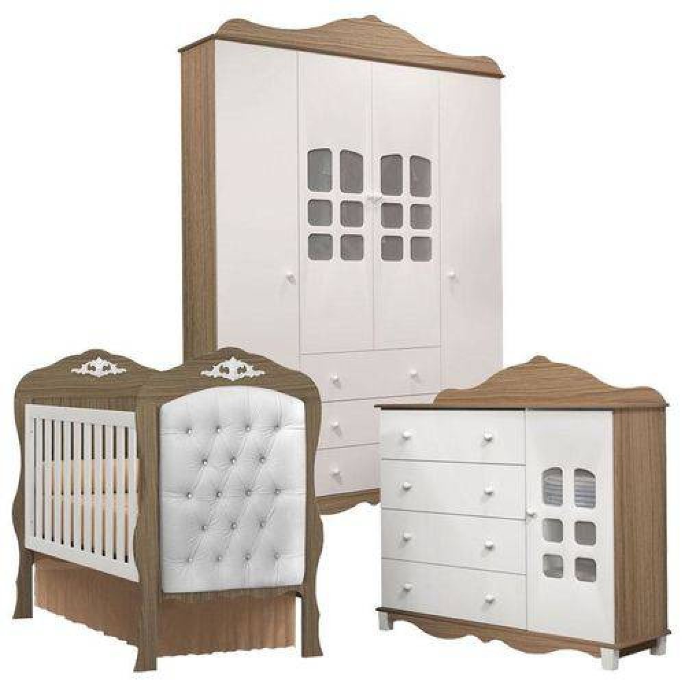 Quarto De Bebê Imperial 4 Portas Com Berço Realeza Wengue Capitone Branco – Canaã